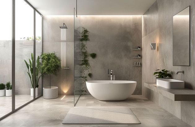 salle de bain grise luxueuse avec baignoire et douche à l'italienne au décor de plantes