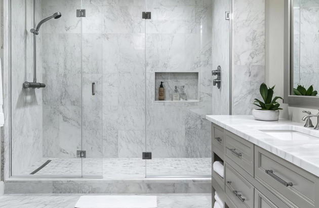 salle de bain élégante avec douche à l'italienne en marbre blanc et meuble-lavabo gris