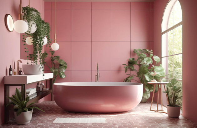 Salle de bains toute rose avec des carreaux xxl roses