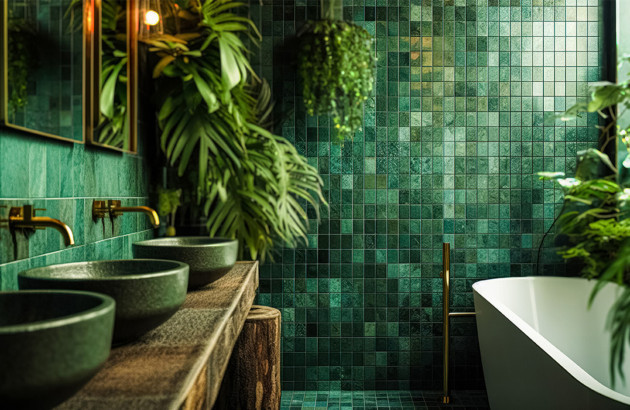 Salle de bains verte avec ambiance tropicale