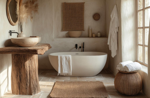 salle de bain inspirée du style Wabi-Sabi avec des murs texturés avec une baignoire et une vasque en pierre naturelle