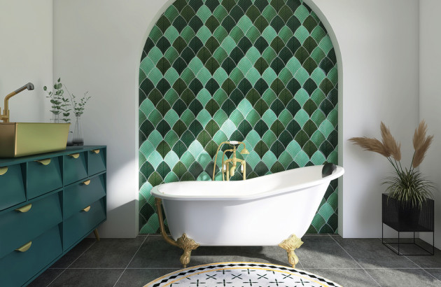 Salle de bains design classique avec carrelage vert sur les murs