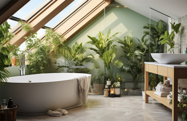 Salle de bains avec beaucoup de plantes d'intérieur
