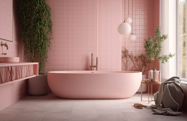 Salle de bains avec carrelage rose et baignoire rose et meubles rose