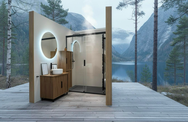 Une salle de bains moderne à ciel ouvert installée sur une terrasse en bois face à un lac et des montagnes norvégiennes, avec un meuble vasque en bois clair, un miroir rond rétroéclairé et une douche à l'italienne dont de la vapeur s'échappe.