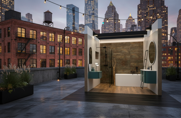 Salle de bains moderne à ciel ouvert installée sur un rooftop urbain avec vue sur des gratte-ciel, dotée d'une baignoire blanche, de meubles vert canard et de murs effet corten.