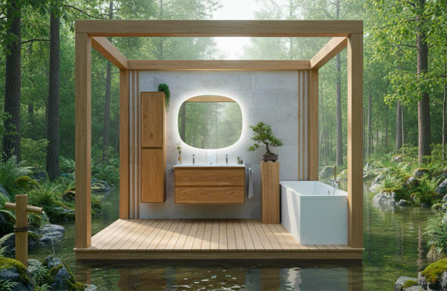 Salle de bains moderne installée sur une plateforme en bois au milieu d'une forêt et d'une rivière, avec baignoire blanche, meuble vasque en chêne et miroir rétroéclairé.