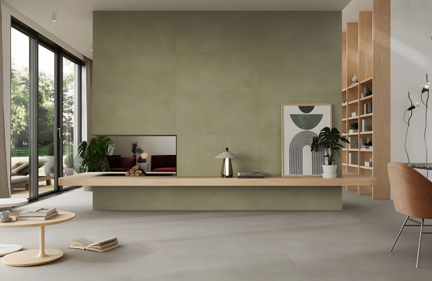 pièce de vie avec un carrelage gris minimaliste