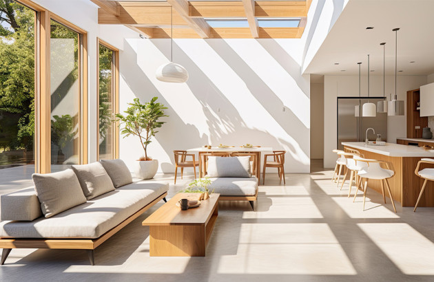 Pièce à vivre moderne avec chauffage solaire passif
