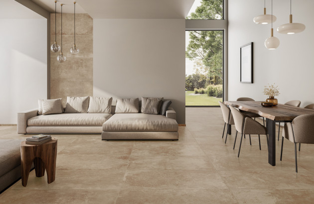 Salon design moderne avec une association carrelage et peinture