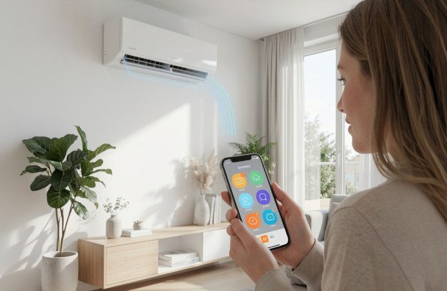Pilotage d’une climatisation connectée depuis un smartphone.