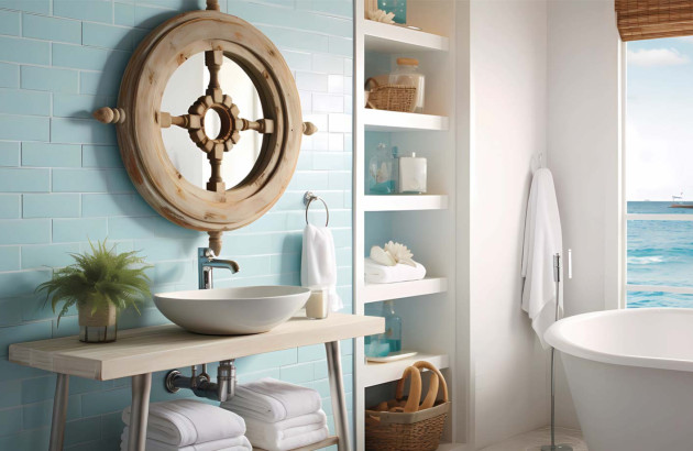 Salle de bain inspiration de la mer, avec des accessoires typiques