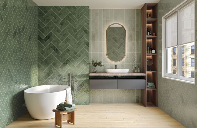 Salle de bains épurée avec des carreaux muraux verts