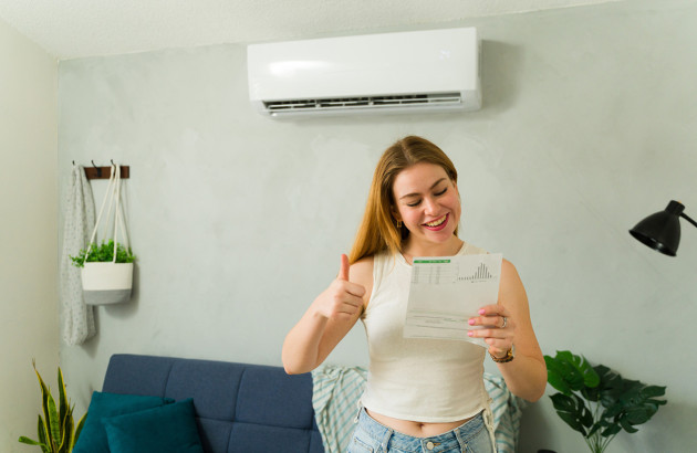 Femme souriante tenant une facture devant un climatiseur mural