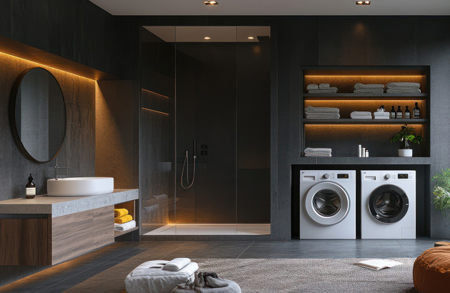 Salle de bains luxueuse et moderne avec buanderie intégrée harmonieusement