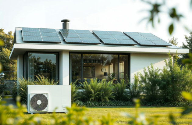 Maison avec des panneaux photovoltaïques et une pompe à chaleur