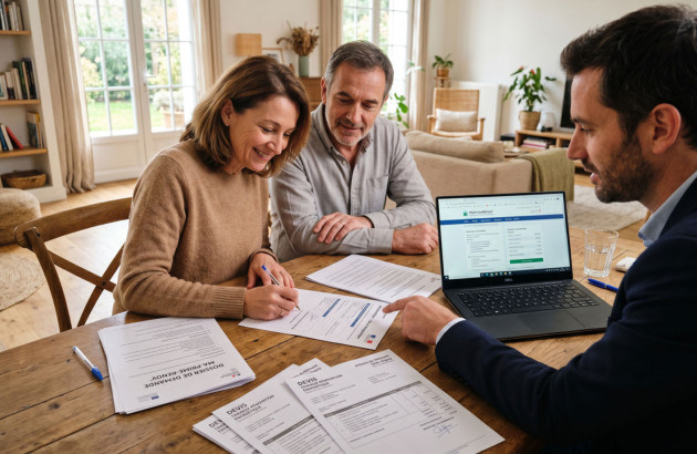 Couple signant des documents de financement liés à des travaux de rénovation énergétique.