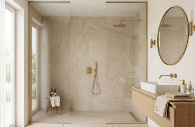 Douche à l’italienne avec grande paroi vitrée et finitions dorées dans une salle de bains beige.