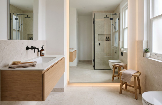 Grande salle de bains équipée d'un meuble suspendu en bois avec rangements