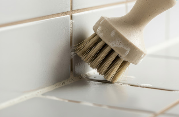Petite brosse à poil qui applique du savon sur des joints de carrelage