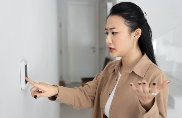 Femme frustrée dans l'incompréhension face à son thermostat de pompe à chaleur