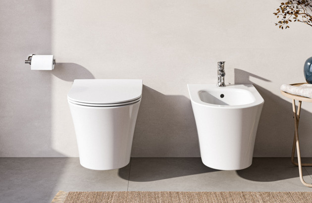 WC et bidet suspendus blancs aux lignes épurées dans un espace au style minimaliste.