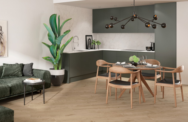 Cuisine ouverte avec carrelage imitation marbre et mobilier vert olive contemporain