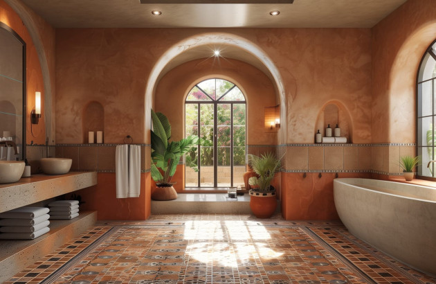 Salle de bains au style rustique revêtue de couleur terracotta