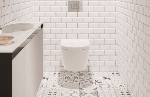 Toilettes carrelées avec wc suspendu et carrelage blanc