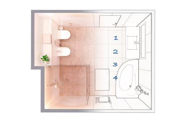 Croquis d'une salle de bain avec ébauche de calepinage