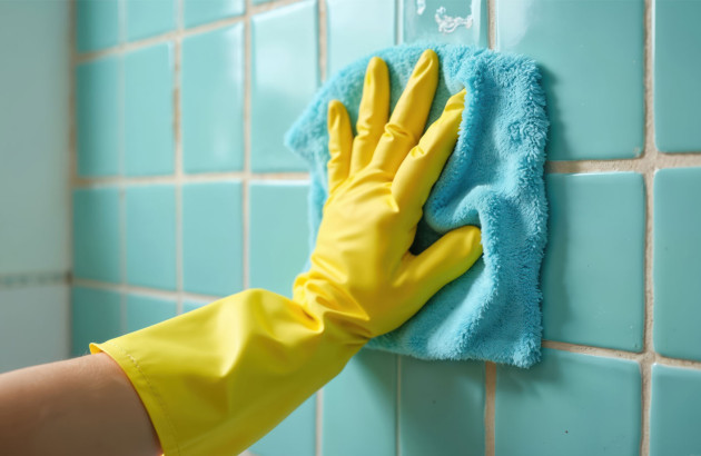 Personne qui vient à bout des moisissures tenaces sur les carreaux de sa salle de bains