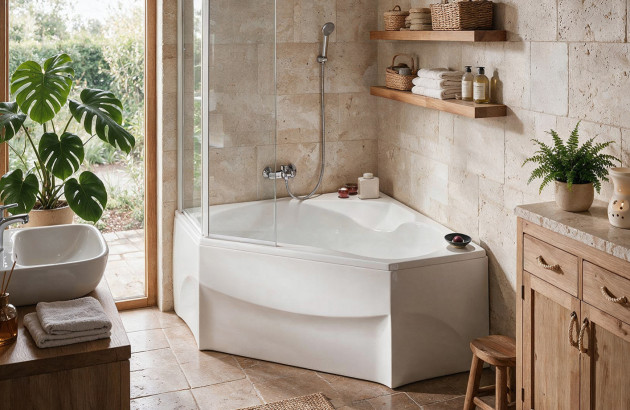 Baignoire asymétrique dans une salle de bains naturelle.