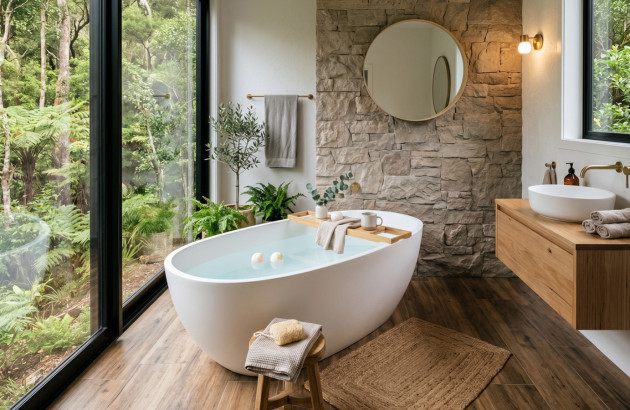 Salle de bains zen avec baignoire îlot, vue sur la nature et matériaux naturels.
