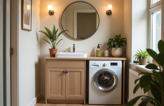 Machine à laver positionnée dans une petite salle de bains sous un plan de meuble en bois