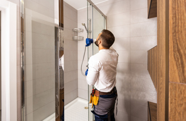 Homme artisan qui intervient sur une paroi de douche de salle de bains
