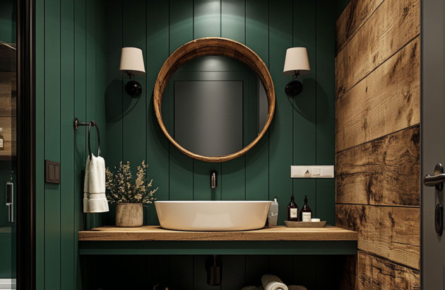 salle de bain au style rustique moderne avec un mur d'accent vert foncé à lattes verticales et un meuble-lavabo en bois avec vasque blanche et un miroir