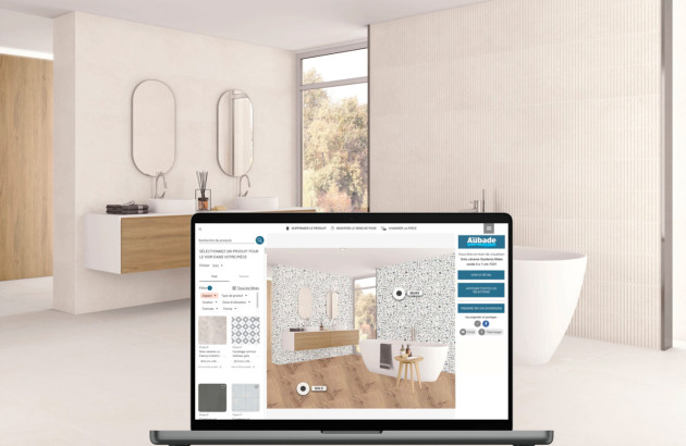 Salle de bains avec visualisation 3D sur ordinateur et meuble suspendu