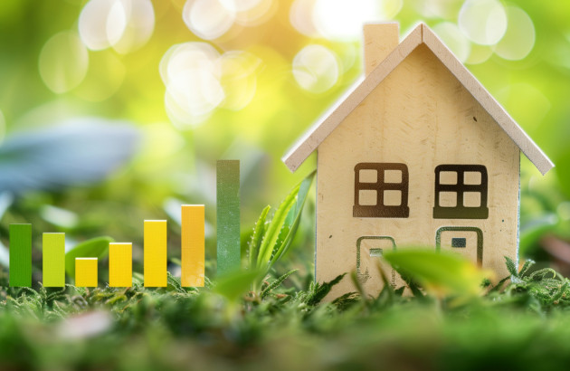 Maisonette en bois dans l'herbe, avec un graphique en barre à gauche