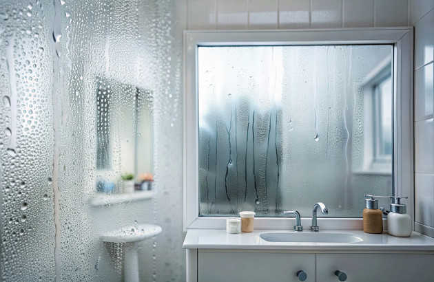 salle de bains embuée avec miroir et fenêtre couverts de condensation après une douche chaude