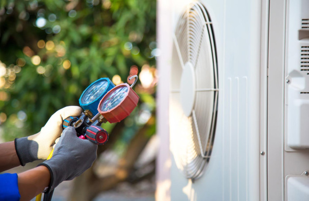 professionnel qui utilise un manomètre à deux cadrans pour vérifier la pression du fluide frigorigène sur l'unité extérieure d'un climatiseur lors d'un entretien