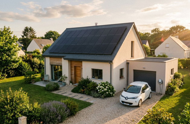 Maison avec des panneaux solaires et une voiture électrique