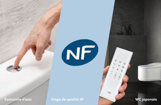 Visuel toilettes avec chasse économique, norme NF et WC japonais