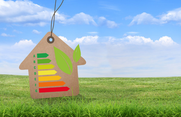 Maison en carton dans un champ avec une étiquette énergie dessus