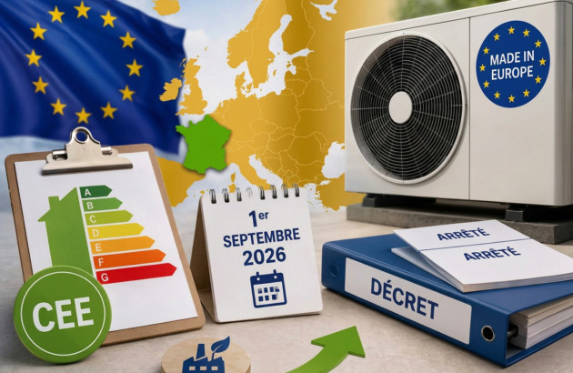 Illustration de l’évolution des aides CEE en France avec une pompe à chaleur, une étiquette énergétique et la date du 1er septembre 2026.