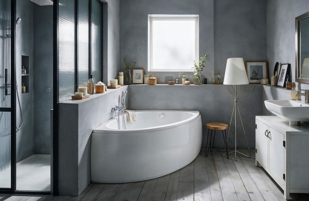 Baignoire asymétrique dans une salle de bains grise.