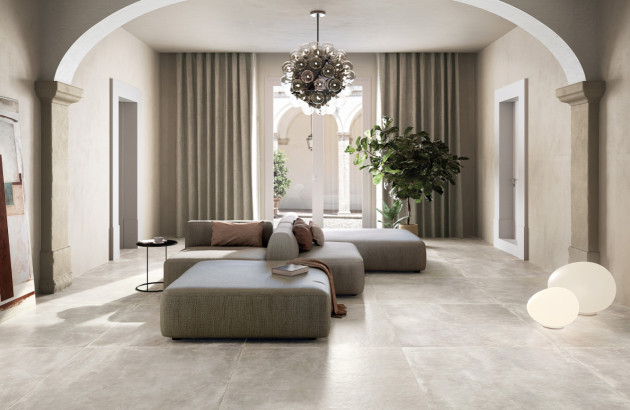 Carrelage taupe modèle Cocoon de Cerdisa dans une pièce à vivre design et moderne