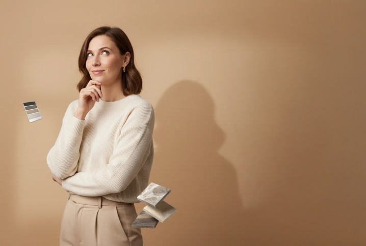 Femme architecte d'intérieur réfléchissant à une sélection de matériaux, motifs dorés et échantillons de textures