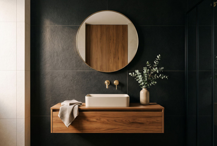 Carrelage noir  dans une salle de bains de style ZN