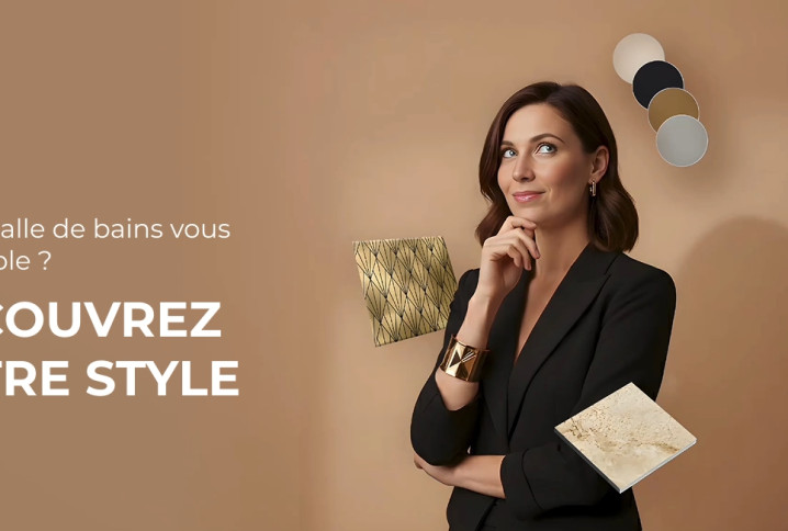 Femme pensive en tenue élégante entourée d'échantillons de carrelage doré, de marbre et de pastilles de couleurs, illustrant le choix d'un style de salle de bains personnalisé.