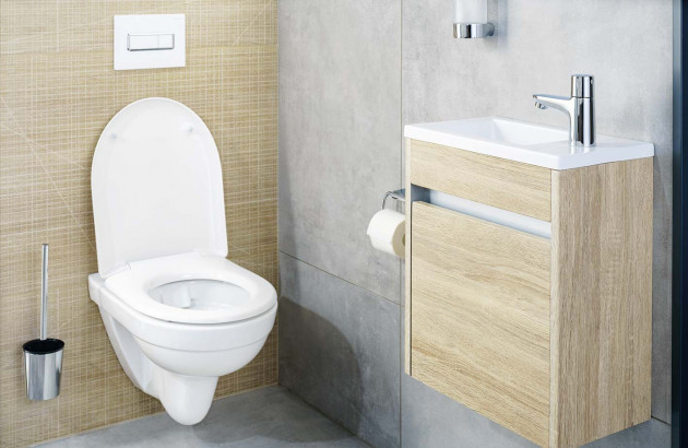 Toilettes Et Bidet Marron. Intérieur Wc Moderne. Presse À Chasse D'eau  Blanche Économique Avec Deux Boutons Séparés Pour La Chasse D'eau. Lumière  Inférieure. Plan Cadré Verticalement. Banque D'Images et Photos Libres De